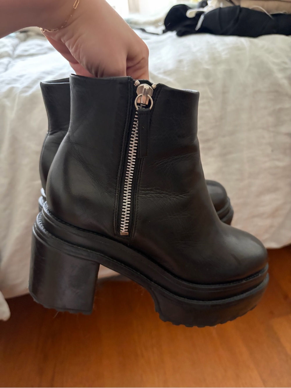 cult gaia Black Leather Chunky Heel Zip Ankle Boots